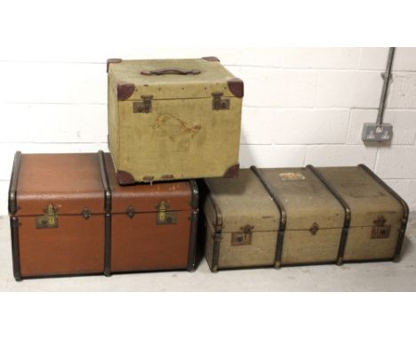 Two early 19th century travel trunks, a brown example with metal and leather trim, length 74cm, and a wooden example with fab