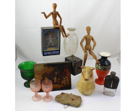 A mixed lot to include a selection of ceramics and glass, a box brownie camera, a 'Magic Dancer' skeleton jewellery box autom