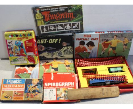 A collection of vintage games to include two Airfix football games, a quantity of plastic Meccano, a Spirograph set, a childr