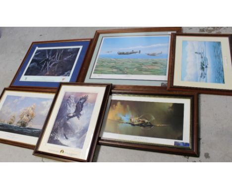 Seven maritime and aviation related prints to include a signed limited edition no.29/500, 'For War And Peace, The Battle Of B
