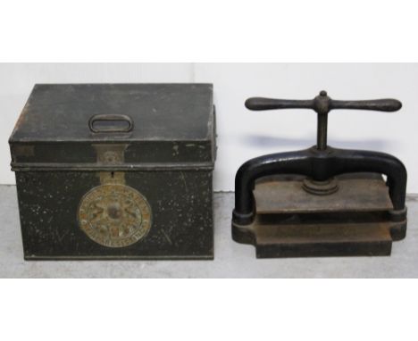 A vintage Milners 212 patent fire resisting safe, 39 x 55cm, and a late 19th early 20th century press.