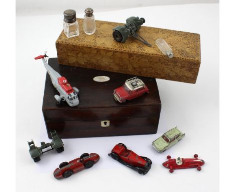 An Edwardian hand tooled glove box, width 32cm, and a Victorian rosewood jewellery box containing Dinky toys, diecast vehicle