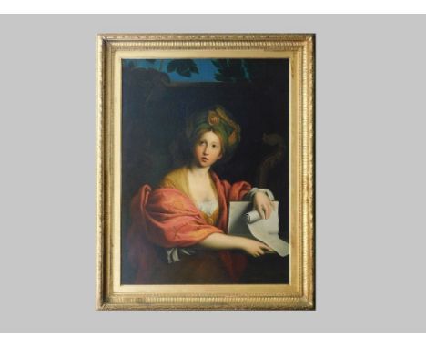PORTRAIT OF ST. CECILIA.*A 19th century portrait of St. Cecilia, with her music manuscript & violin in the background. Oil on