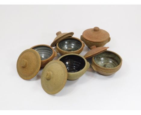 LEACH POTTERY. Five Leach Pottery Standard Ware lidded soup bowls, plus one extra lid. Leach Pottery marks.