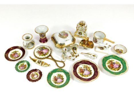 LIMOGES MINIATURES. Various Limoges miniatures, including a sewing machine, a violin &amp; a harp etc. Also, a Limoges trinke
