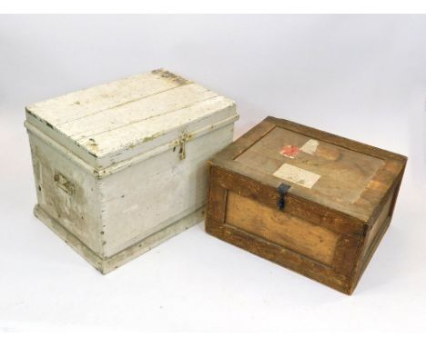 WOODEN STORAGE BOXES. A 19th century painted pine storage box, (lacks interior tray), W57xH43xD41cm, & one other pine box wit