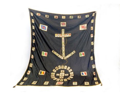 CIGARETTE SILKS.A large decorative cloth, hand stitched with various BVD printed cigarette silks & fabric inserts, including 