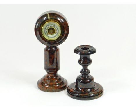 CORNISH SERPENTINE. An antique red, turned Cornish Serpentine column barometer. Height 24cm. Also, a single antique red Corni