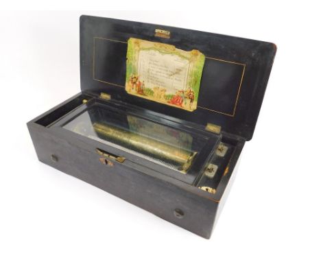 SWISS MUSICAL BOX.A late Victorian Swiss inlaid musical box, playing 8 airs.  Cylinder length 28cm.  Box size L52 x W23 x H15