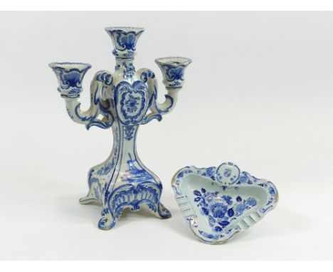 DELFT. A Delft candelabra decorated with a windmill &amp; sailing ships. Max. height 33cm. Also, a Delft triangular dish supp