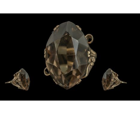 Ladies - Attractive 9ct Gold Single Stone Smoky Topaz Set Ring, Marked to Interior of Shank. The Large Faceted Topaz of Pleas