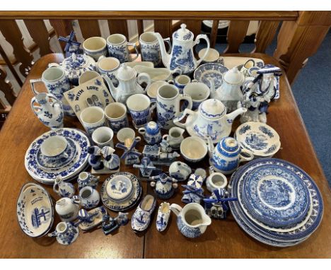 Quantity of Blue &amp; White Pottery, in two boxes, blue and white transfer pattern by Ringtons, includes plates, cups, sauce