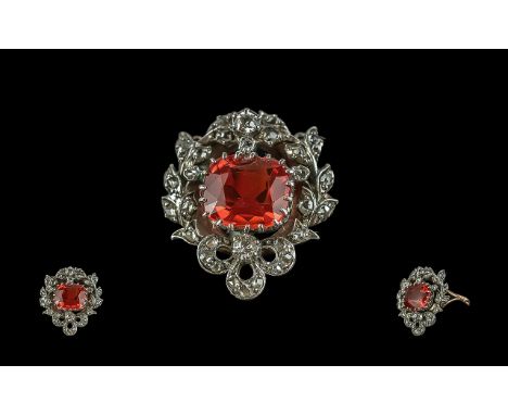 Victorian Period 1837 - 1901 Pleasing 18ct Gold Fire Opal and Diamond Set Ring, Excellent Design. The Central Step-cut Fire O