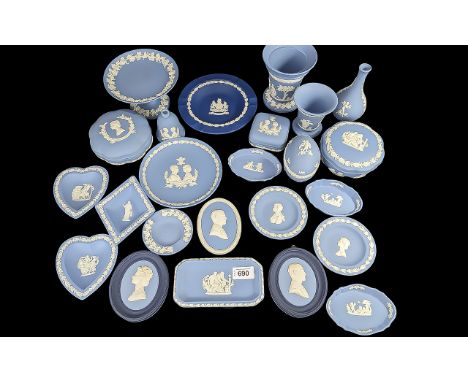 Collection of Wedgwood Blue Jasper Ware, including trinket boxes, plaques, trays, etc.