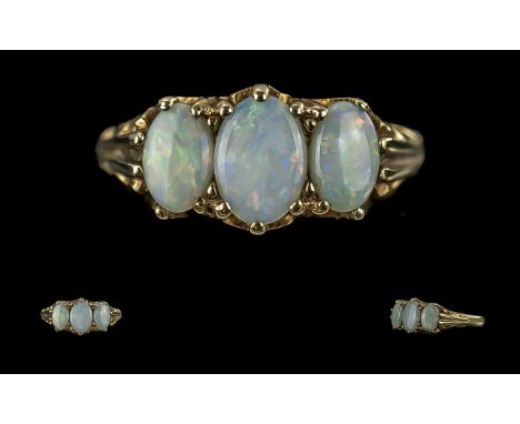 Ladies - Pleasing 9ct Gold 3 Stone Opal Set Ring, Full Hallmark to Interior of Shank, Opals of Good Colour. Ring Size M - N. 