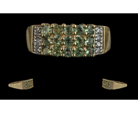 14ct Gold Pleasing Alexandrite and Diamond Set Ring, full hallmark to shank, the alexandrites of good colour and well matched