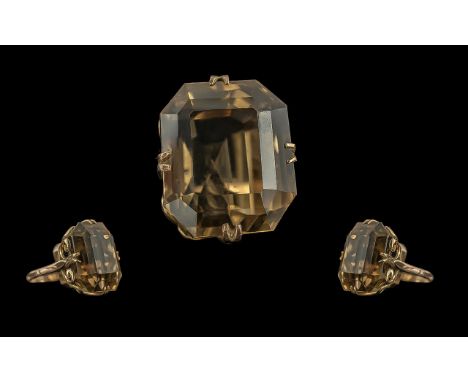 Ladies 14ct Gold Large and Impressive Single Stone Smoky Topaz Set Statement Ring, the topaz of pleasing colour and clarity, 