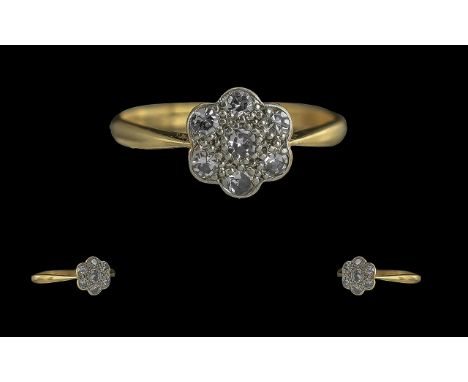 Antique Period Attractive and Pleasing 18ct Gold Diamond Set Cluster Ring, marked 18ct to interior of shank, the pave set dia