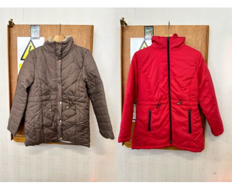 Two Brand New Ladies Modern Fashion Anoraks comprising a taupe padded jacket with a fur trim collar, size 10/12, and a dark p