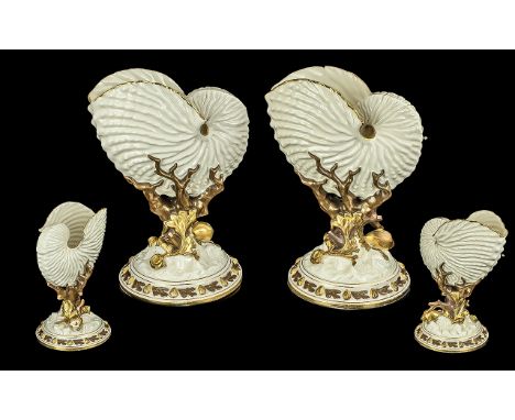 Royal Worcester - Fine Pair of Hand Painted Nautilus Shell Vases, Printed and Pressed Marks to Bases, Date Mark 1867, Bronze 