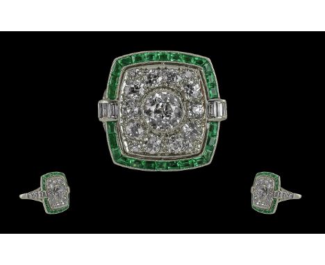 Art Deco 1930's Stunning 18ct White Gold Diamond and Emerald Set Dress Ring, Not Marked but Tests 18ct Gold. The Central Pave