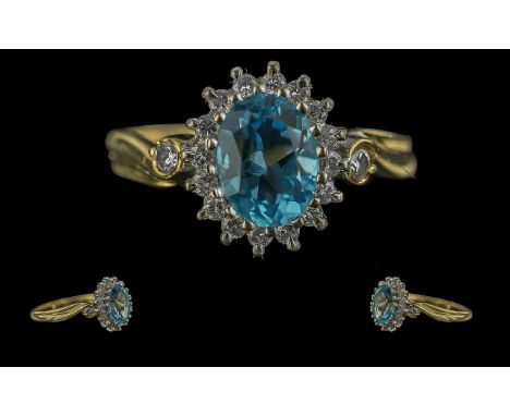 Ladies 18ct Gold Diamond and Aquamarine Set Cluster Ring - Full Hallmark To Interior Of Shank. The Central Aquamarine of Exce