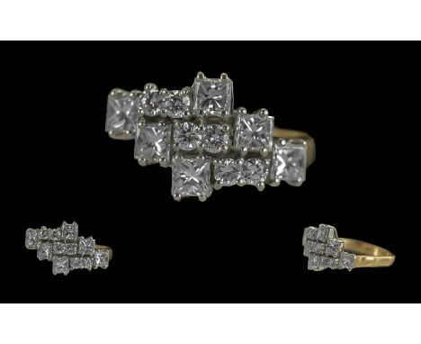 Ladies - Excellent Quality 18ct Gold Diamond Set Cluster Ring, Marked 750 to Interior of Shank. The Princes and Brilliant Cut