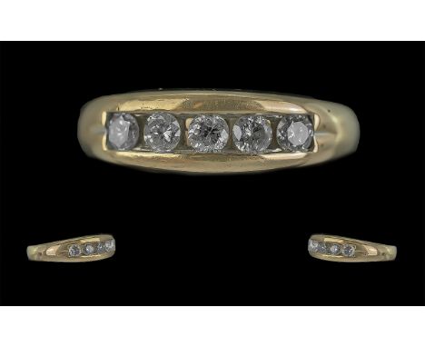 Fine 9ct Gold Five Stone Diamond Set Band Ring, marked 9ct to shank, the five well matched round faceted diamonds of good col