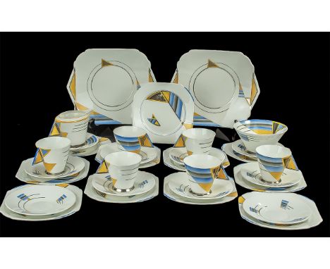 Shelley Art Deco Tea Service, Vogue shape, 11760 Shades and Lines Design, blue, silver and orange.  Comprising, 6 x trios cup