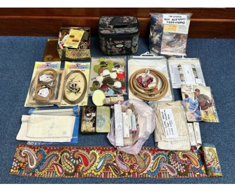 Large Collection of Vintage Sewing Items, including Needlecraft and Embroidery sets, stitchery kits with frames, linen tray c