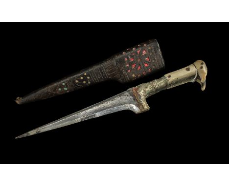 Afghan Choora/Pesh Kabz Dagger 19thC bone scales to handle keather overed wooden scabbard overall length 29 inches