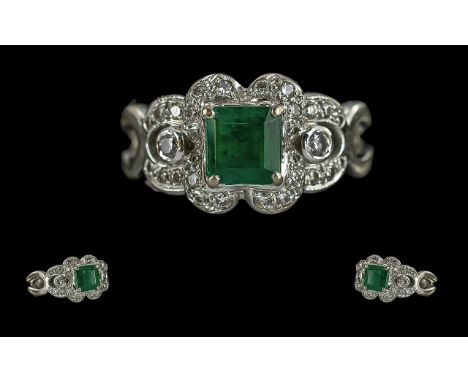 Ladies 18ct White Gold Contemporary Emerald and Diamond Set Ring, Marked 750 - 18ct to Interior of Shank, The square shaped e