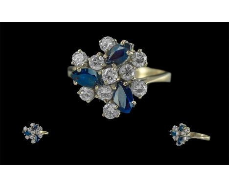14ct Gold Pleasing Quality Sapphire And Diamond Set Cluster Ring - The White Faceted Diamonds With 3 Boat Shaped Blue Sapphir