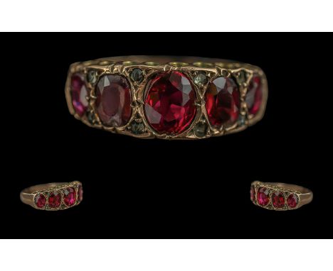 Edwardian Period 1901 - 1910 Ladies 9ct Gold Diamond and Red Fire Garnet Set Ring with gallery setting, full hallmark for Bir