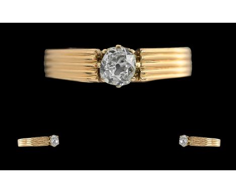 Victorian Period 1837-1901 12.5 ct Gold Single Stone Diamond Set Ring - Ribbed design to Shank. Not Marked Tests 12.5 ct Gold