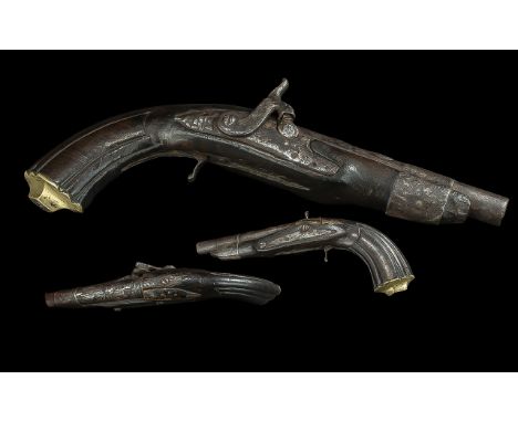 Antique Flintlock Pistol, a Light Dragoon style flintlock holster Pistol, fixed 9 inch round barrel, as found.  