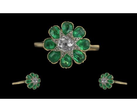 Antique Period Ladies Pleasing Quality 18ct Gold Emerald and Diamond Set Ring - Flowerhead Setting. The Well Matched Emeralds