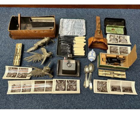 Stereoscope in Original Box, with cards.  Together with a Polaroid Land Camera, Singer button hole attachment, assorted boxed