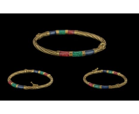 Ladies Excellent 18ct Yellow Gold Hinged Bangle set with green, red and blue mottled agate bands, marked 750 - 18ct, weight 8