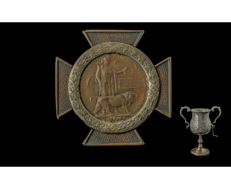 World War I Bronze Death Plaque Awarded to Herbert Arthur Dunkley, In Bronze Mount, With Trophy Cup Won by the Same Gentleman