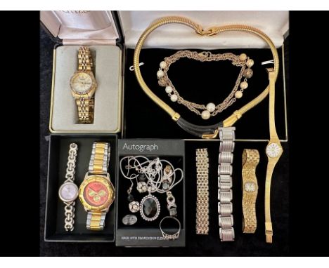 Collection of Quality Costume Jewellery, to include a gold tone collar with central black enamel decoration, a beaded chain, 
