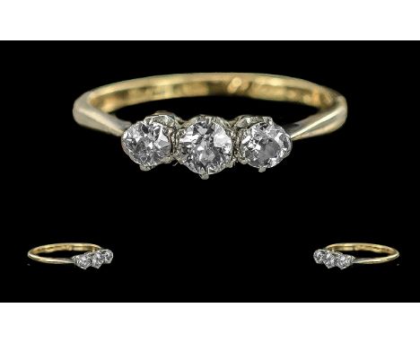 Antique Period 18ct Gold Three Stone Diamond Set Ring, marked 18ct to shank, the round, faceted diamond of good colour and cl