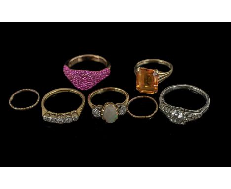 Mixed Lot of Jewellery, to include a synthetic yellow sapphire ring, hallmarked for 9ct. 18ct Opal and Diamond ring, central 