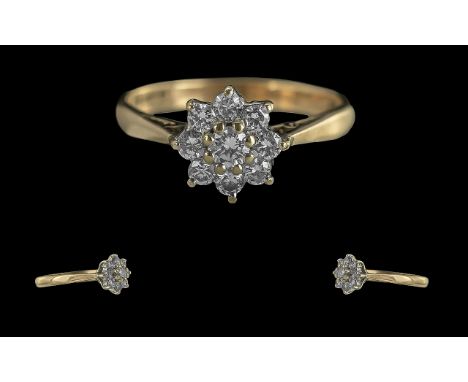 Ladies 9ct Gold Diamond Set Cluster Ring - Full Hallmark To Interior Of Shank. The Diamonds Of Good Colour and Clarity. Est D