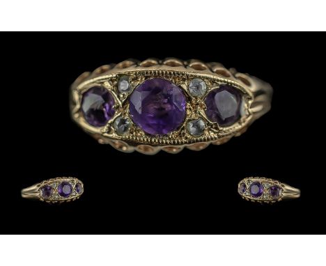 Victorian Period 1837 - 1901 Ladies 9ct Gold Amethyst and Diamond Set Ring, Open worked Raised Section, The Amethyst of Excel