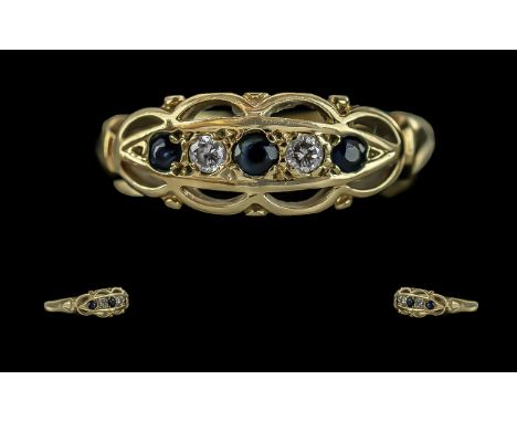 Ladies - Antique Period Attractive 9ct Gold Sapphire and Diamond Set Ring. Full Hallmark to Interior of Shank. Sapphires and 
