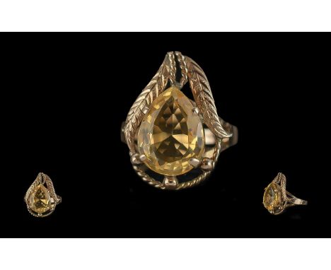 Ladies - 14ct Gold Single Stone Citrine Set Dress Ring, Naturalistic Design. The Faceted Large Pear Shaped Citrine of Excelle
