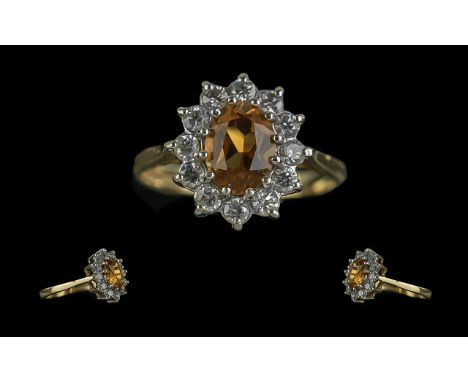 Ladies Attractive 9ct Gold Citrine &amp; CZ Set Cluster Ring full hallmark to shank the faceted Citrine of good colour surrou
