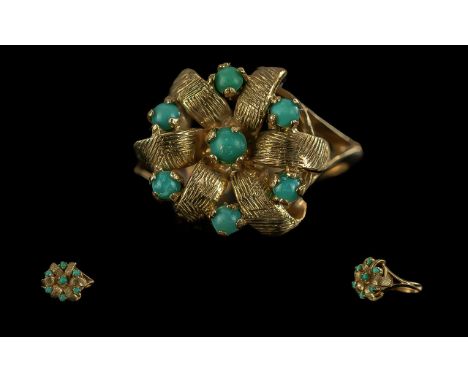 Ladies 9ct Gold Turquoise Set Dress Ring. Full Hallmark to Interior of Shank, The Well Matched Turquoise Stones of Strong Col