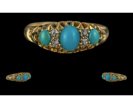Victorian Period 1837 - 1901 Excellent 15ct Gold Turquoise and Diamond Set Ring - Gallery Setting, Full Hallmark To Interior 